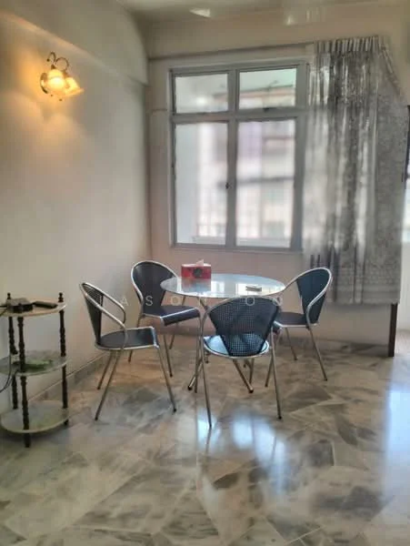 Room features: round glass dining table, 4 metal dining chairs with black seats, white painted walls, large window with sheer curtains, marble flooring, wall-mounted light fixture; style: modern.