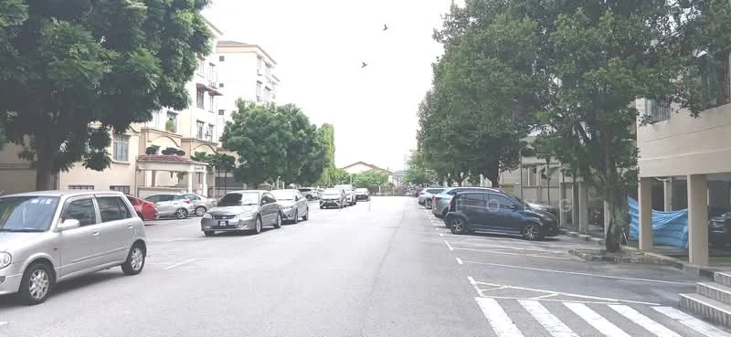 Exterior type: low-rise apartment block; features: tree-lined street, manicured landscaping, open-air parking lot, multiple parked cars, sidewalk with pedestrian crossing, residential buildings in background; style: modern.