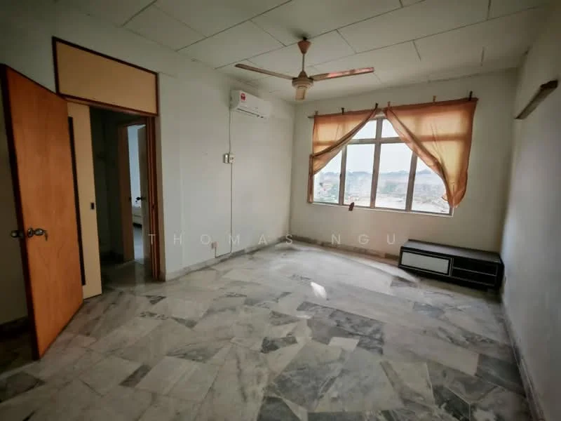 Room features: marble flooring, white painted walls, ceiling fan, floor-to-ceiling window, sheer curtains, wooden door, air conditioning unit, built-in cabinet; view: city.