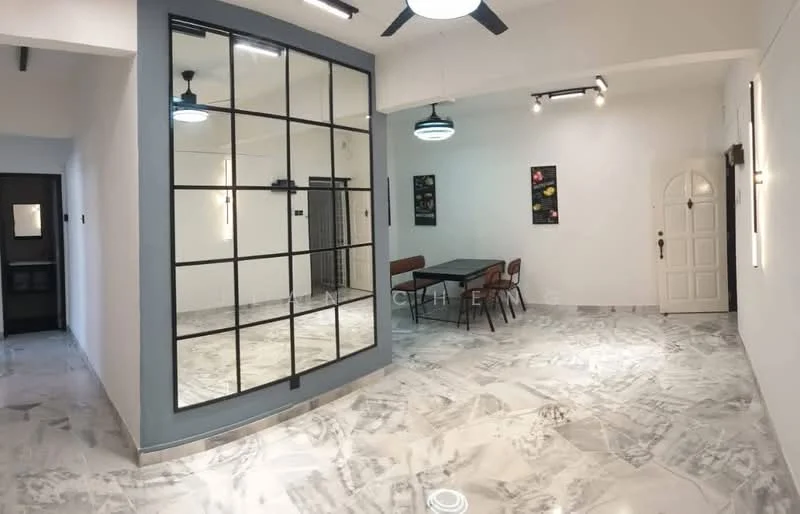 Room features: marble flooring, white painted walls, ceiling fan with light, dining table, 4 dining chairs, large mirror with black frame, wall-mounted light fixtures, decorative wall art, arched door, door with decorative panel, window with black frame; style: modern.