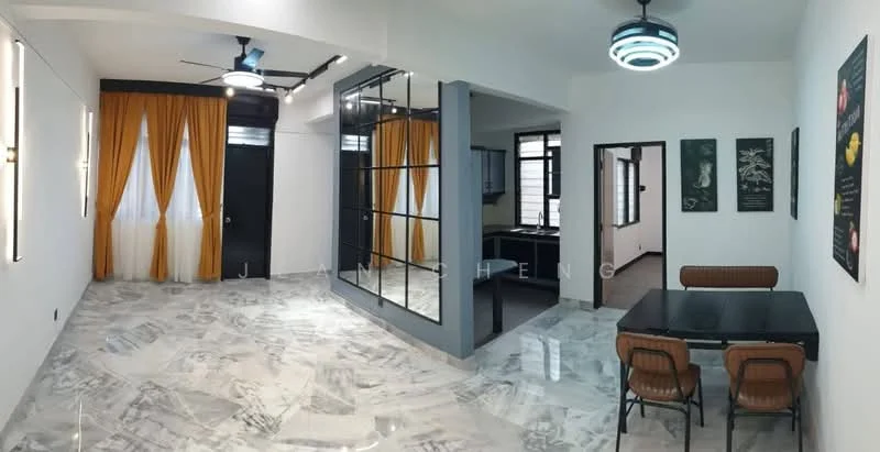 Living features: white painted walls, marble flooring, 5-blade ceiling fan with light, floor-to-ceiling windows with sheer curtains, black framed glass partition, dining table with four chairs, decorative wall art, yellow curtains; style: modern. Kitchen features: black cabinetry, countertop, unknown appliances; style: modern.