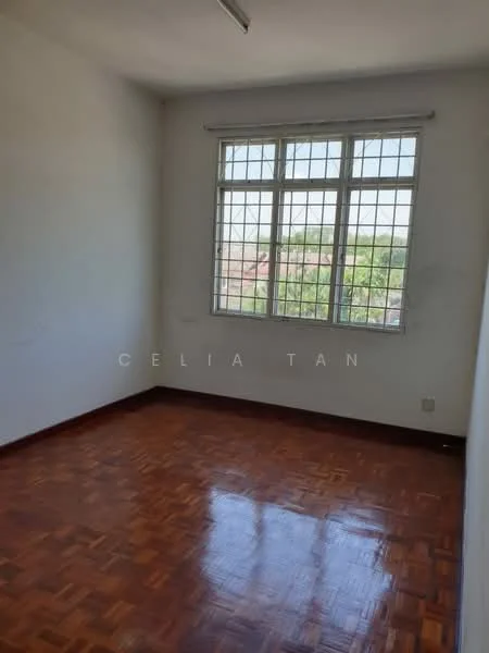 Room features: wooden flooring, white painted walls, large windows with grid pattern, natural light, ceiling light fixture; view: garden.