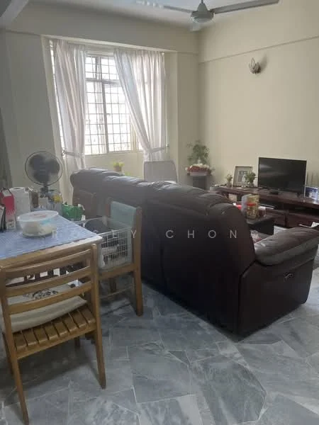 Living features: brown leather sofa, wooden coffee table, TV console, wall-mounted TV, large window with sheer curtains, ceiling fan, marble flooring, decorative wall sconce, potted plant, area rug, side table, dining table with wooden chairs; style: contemporary.