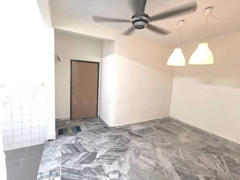 Room features: marble flooring, white painted walls, 5-blade ceiling fan, 2 pendant lights, main entrance door, door mat, wall tiles in kitchen area, open layout; style: modern.