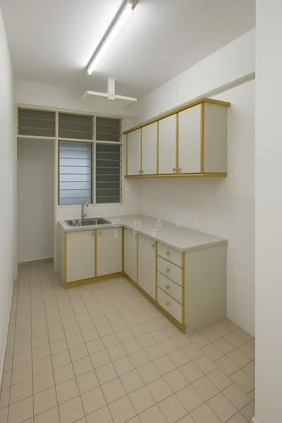 Kitchen features: light-colored cabinetry with gold trim, laminate countertop, single-bowl stainless-steel sink, chrome faucet, tile backsplash, built-in upper cabinets, lower cabinets with drawers, window with horizontal slats, fluorescent ceiling light, ceramic tile flooring; style: modern.