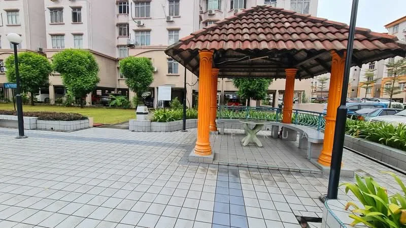 Exterior type: landscape garden; features: paved walkway, gazebo with tiled roof, orange columns, green lawn, mature trees, outdoor seating area, landscaped garden, street lamps; style: modern.