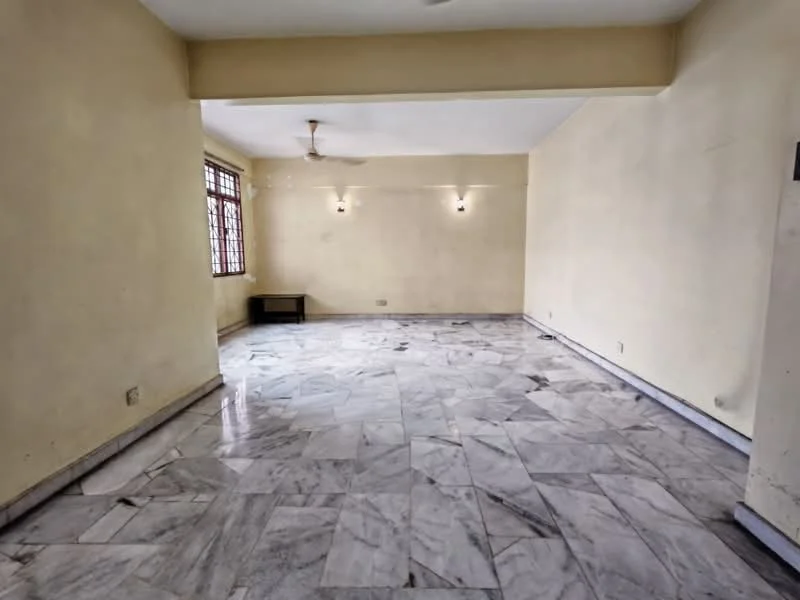 Living features: marble flooring, cream painted walls, ceiling fan, two wall-mounted lights, large windows, neutral decor, open layout, no visible furniture; style: minimalist.