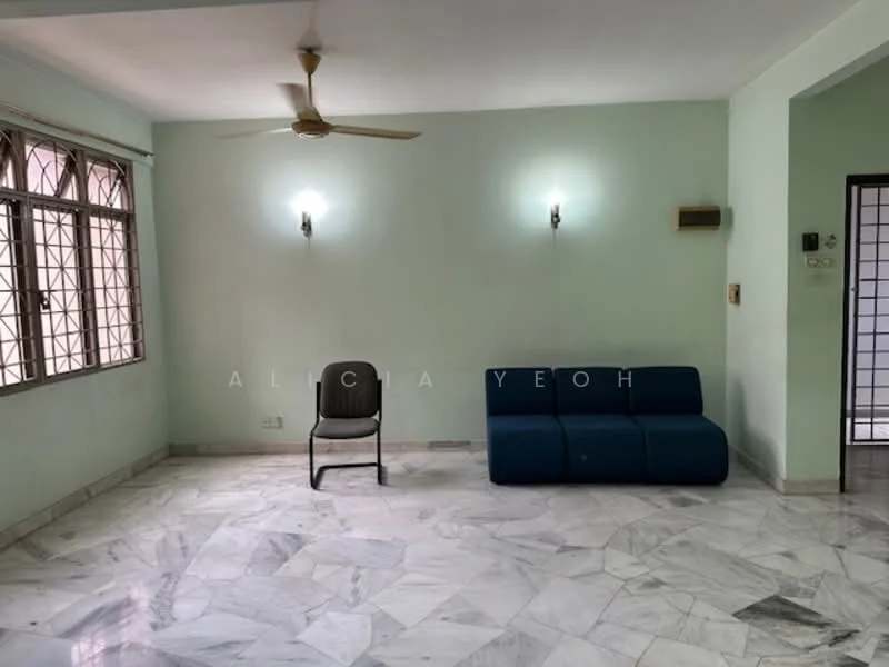Living features: marble flooring, light green painted walls, 5-blade ceiling fan, two wall-mounted light fixtures, large windows with metal grilles, single blue fabric sofa, black chair, open layout; style: modern.