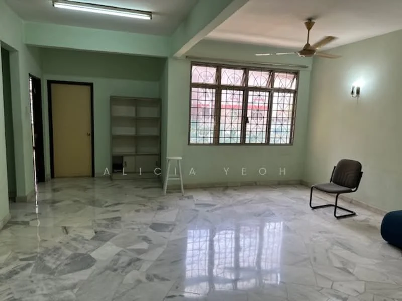 Living features: marble flooring, green painted walls, ceiling fan, large windows, natural light, open layout, sitting area, bookshelf, light fixture on wall.