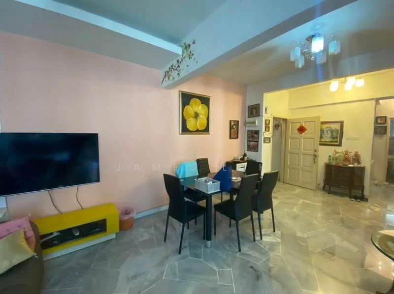 Living features: grey marble flooring, pink painted walls, ceiling with recessed lighting, wall-mounted TV, black dining table with four chairs, decorative artwork on wall, sofa with colorful cushions, open layout to adjacent room; style: modern.