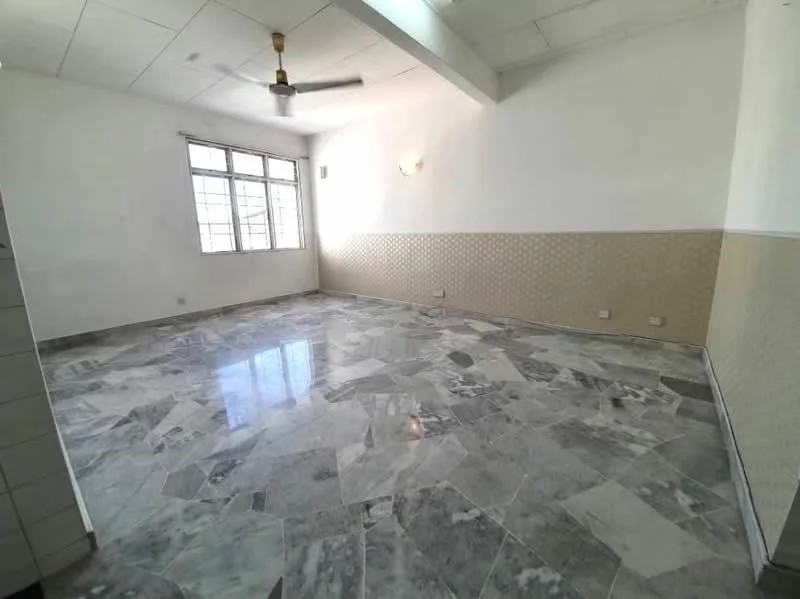 Room features: marble flooring, white painted walls, wall-mounted ceiling fan, large windows, natural light, light fixture on wall, textured wall paneling, empty space.