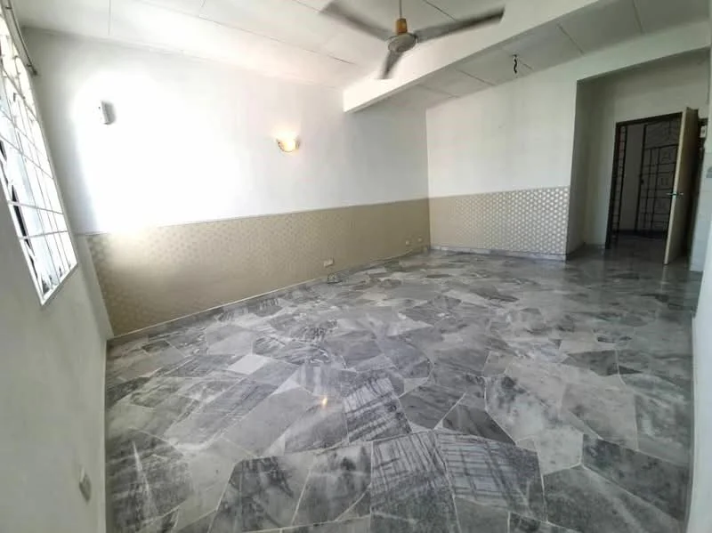 Room features: marble flooring, white painted walls, cream accent wall, ceiling fan, wall sconce, window with metal grille, doorway leading to another room, textured wall paneling; style: modern.