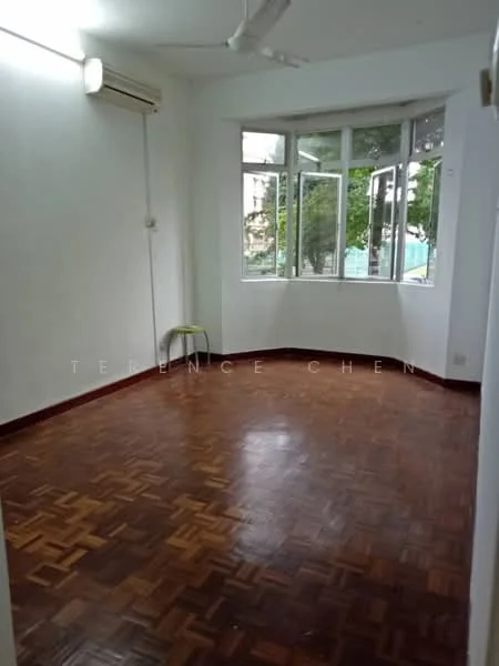 Room features: wooden flooring, white painted walls, ceiling fan, floor-to-ceiling windows, curved bay window, air conditioning unit, natural light from windows, greenery view outside; view: garden.