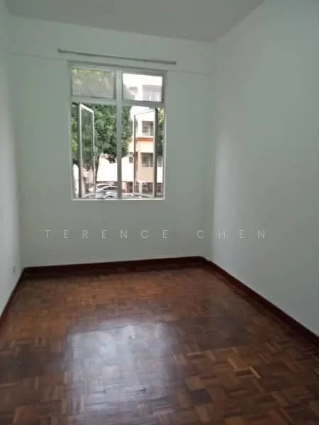 Room features: white painted walls, parquet wood flooring, large window with open casement, natural light from window, no visible furniture, neutral color scheme.