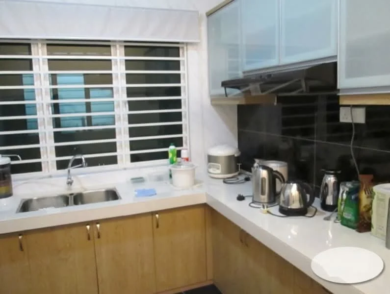 Kitchen features: double-bowl stainless-steel sink, chrome pull-down faucet, white quartz countertop, black tile backsplash, wood cabinetry with light finish, built-in rice cooker, stainless-steel kettle, stainless-steel electric kettle, dish soap dispenser, cleaning supplies, window with horizontal blinds, recessed downlights; style: modern.