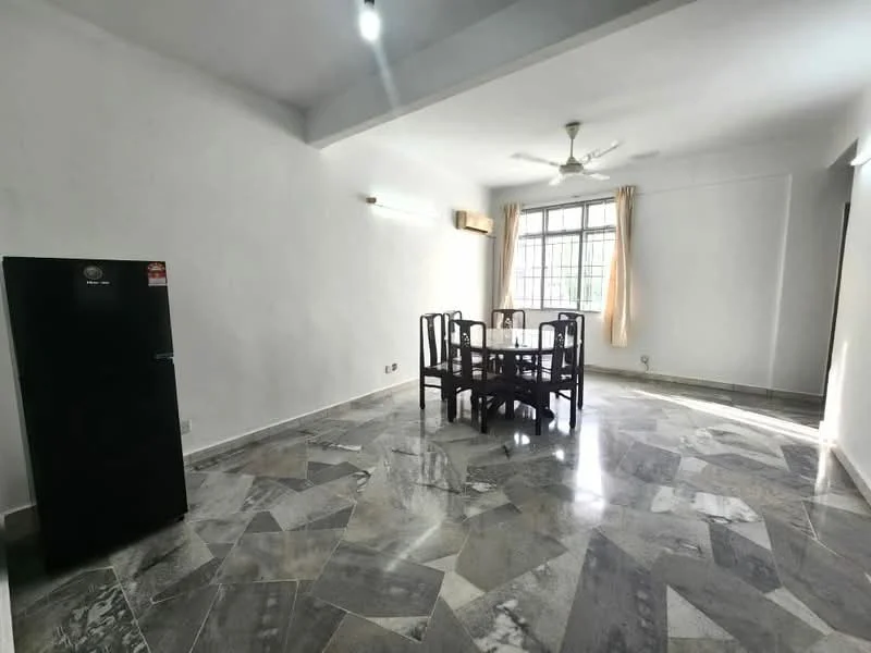 Dining features: marble flooring, white painted walls, ceiling fan, dining table with chairs, large window with sheer curtains, refrigerator, light fixture, natural light; style: modern.