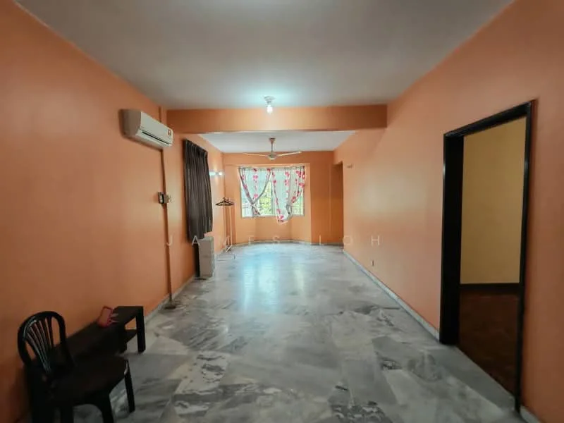 Room features: orange painted walls, marble flooring, 1 wall-mounted split AC, ceiling light, curtains on window, doorway leading to another room, chair, hanging clothes rack.