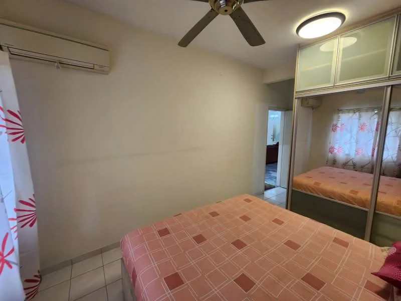 Bedroom features: queen-size bed, upholstered headboard, built-in wardrobe with mirrored doors, floor-to-ceiling window with sheer curtains, white walls, ceiling fan, wall-mounted split AC, tile flooring.