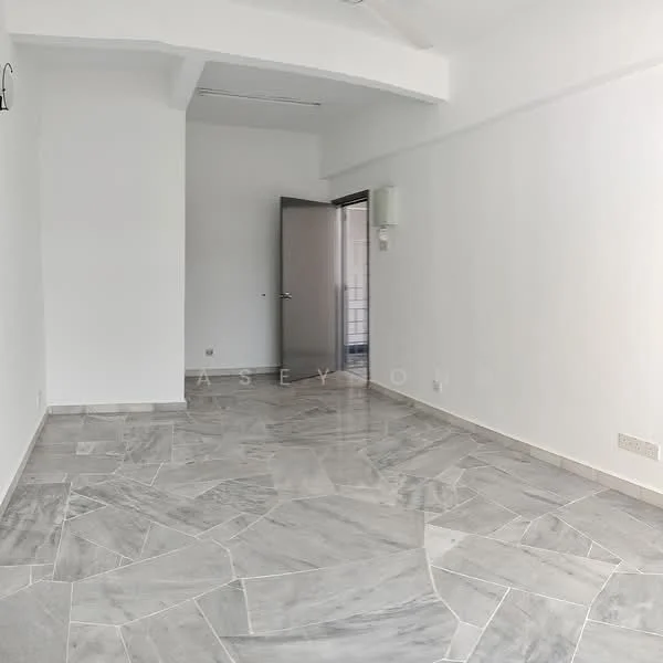 Room features: white painted walls, marble tile flooring, exposed ceiling beams, single door, wall-mounted light fixture; style: modern.