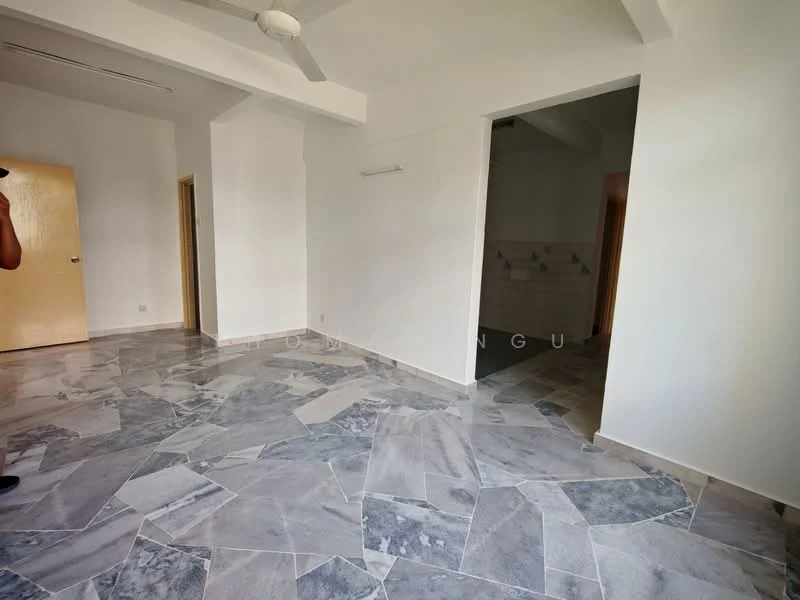 Room features: marble tile flooring, white painted walls, ceiling fan, doorway leading to another room, doorway leading to bathroom, natural light from windows, high ceiling, neutral color scheme; style: modern.