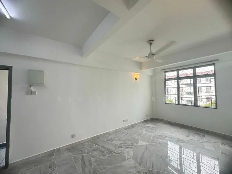 Living features: white painted walls, exposed ceiling, 5-blade ceiling fan, large windows, grey marble tile flooring, wall-mounted light fixture, corner window with view, open layout; style: modern; view: garden.