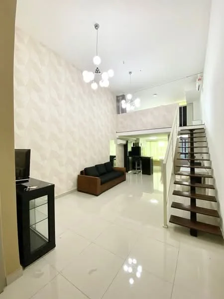 Living features: white painted walls, geometric pattern wallpaper, polished ceramic tile flooring, 3-seater black fabric sofa, coffee table, TV console, 2 pendant lights, double-height ceiling, staircase with wooden steps and white railing, large windows for natural light; style: modern.