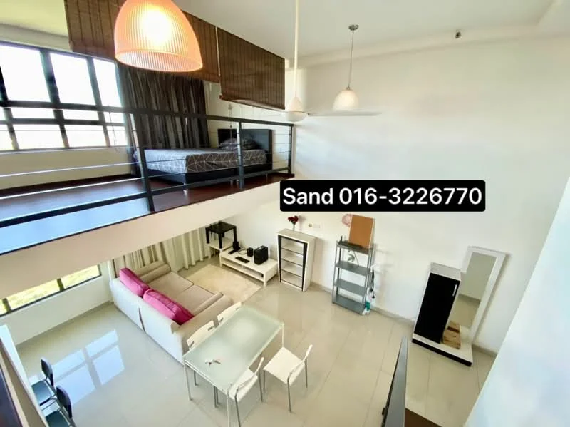 Living features: sofa in light grey, coffee table, dining table with 4 chairs, TV console, floor-to-ceiling windows, white walls, tile flooring, pendant light, ceiling fan, decorative plants, open layout to upper level; style: modern; view: city. Bedroom features: queen-size bed, bedding in neutral tones, wooden railing, natural light from windows; style: modern; view: city.