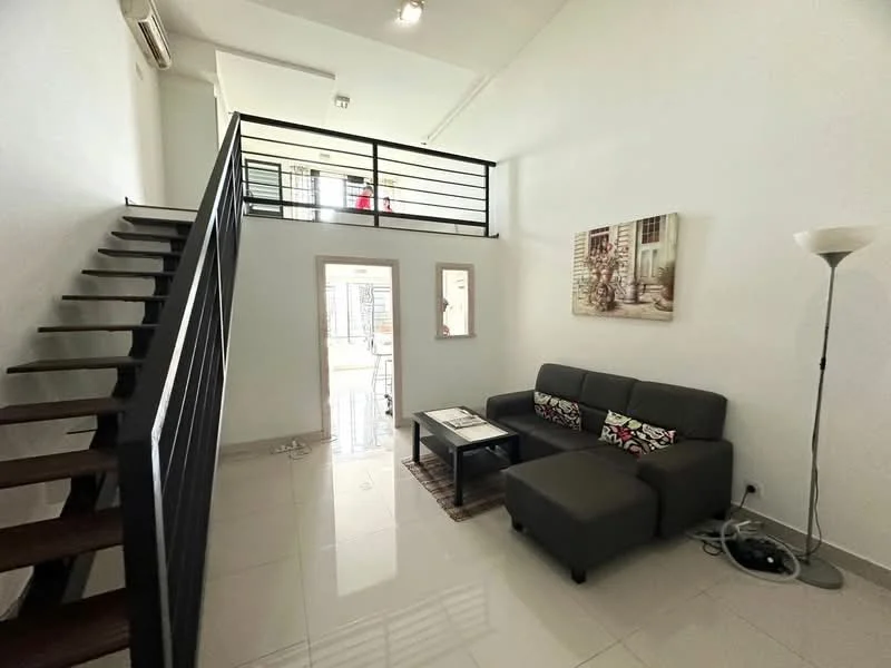 Living features: grey fabric sofa, coffee table, area rug, floor-to-ceiling windows, white painted walls, polished tile flooring, recessed downlights, staircase with wooden steps and black railing, lamp, decorative wall art; style: modern.