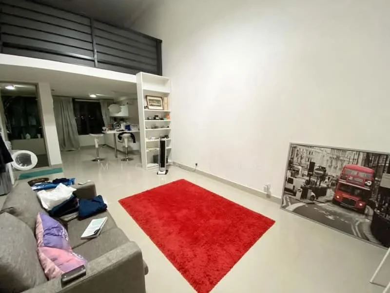 Living features: grey fabric sofa, red area rug, white painted walls, polished tile flooring, floor-to-ceiling windows, curtains, open layout to kitchen, decorative wall art; style: modern. Room features: kitchen area visible, white cabinetry, stainless-steel appliances, dining area, ceiling lights.