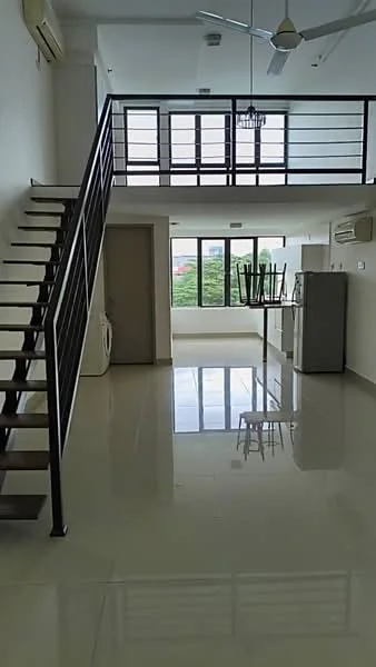 Living features: white painted walls, polished tile flooring, 5-blade ceiling fan, floor-to-ceiling windows, open layout, stainless-steel fridge, dining table, staircase with wooden steps and metal railing, air conditioning unit, laundry machine; style: modern; view: garden.