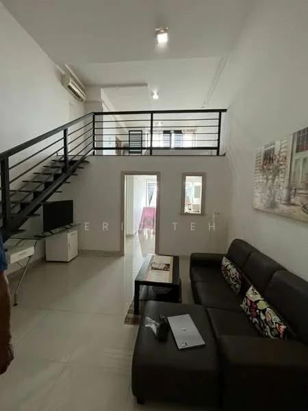 Living features: brown leather sofa, coffee table, wall-mounted TV, white painted walls, tile flooring, recessed downlights, air conditioning unit, decorative artwork on walls; style: modern. Room features: staircase with metal railing, open space above, doorway leading to another room.