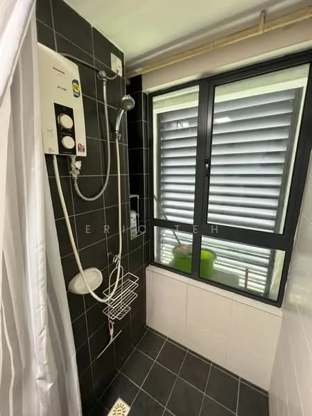Bathroom features: shower area, black tiled walls, white tiled flooring, glass window with horizontal slats, shower head, handheld shower, water heater, shower caddy, drain, curtain rod, white shower curtain; style: modern.
