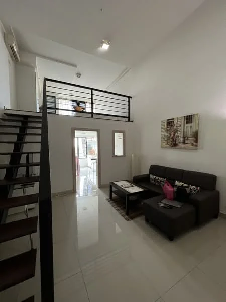 Living features: sofa in dark brown leather, coffee table with black surface, area rug with geometric pattern, wall-mounted TV, white painted walls, polished tile flooring, recessed downlights, decorative artwork on wall, open staircase with wooden steps, glass door leading to outdoor area, air conditioning unit on wall; style: modern.