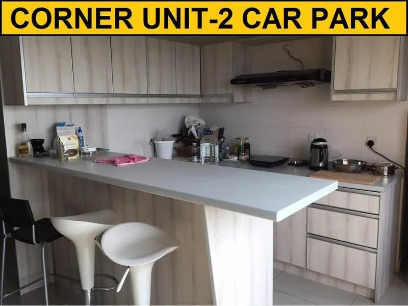 Kitchen features: light wood cabinetry, grey countertop, stainless-steel range hood, built-in stove, bar seating with two stools, white ceramic tile backsplash, open shelving, various kitchen appliances, sink, kitchen utensils, glassware, bottled condiments; style: modern.
