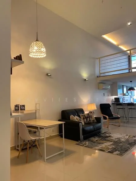Living features: 3-seater black leather sofa, 2 wooden armchairs, coffee table, area rug with geometric pattern, pendant light fixture, wall-mounted sconces, white painted walls, glossy tile flooring, open layout to upper level, decorative throw pillows, small desk with chair; style: modern.
