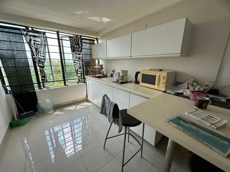 Kitchen features: white cabinetry, ceramic tile flooring, black sheer curtains, window with view, single-bowl stainless-steel sink, chrome pull-down faucet, microwave, built-in oven, countertop with breakfast bar, stainless-steel kettle, coffee machine, various kitchen utensils, refrigerator, area rug, decorative items on countertop; style: modern; view: garden.