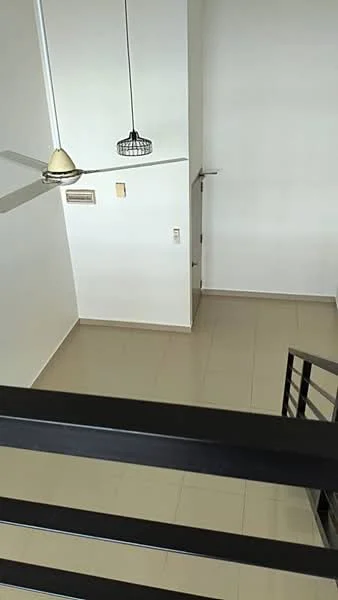 Room features: white painted walls, tile flooring, 5-blade ceiling fan, pendant lamp, black railing, open space, light from windows, neutral color scheme; style: modern.