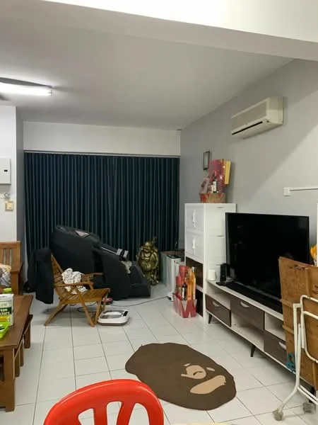 Living features: grey fabric sofa, wooden coffee table, TV console, wall-mounted TV, white storage cabinet, air conditioning unit, white tiled flooring, dark blue curtains, decorative bear-shaped rug, wooden folding chair, decorative items on shelves; style: modern.
