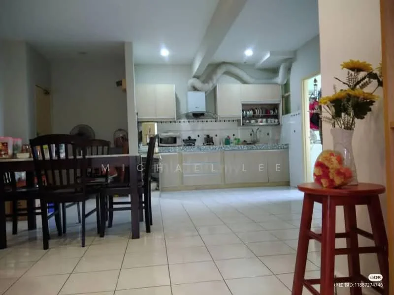 Living features: white painted walls, ceramic tile flooring, dining table with chairs, wooden stool, kitchen area visible, kitchen cabinets, stainless-steel sink, built-in oven, microwave, refrigerator, open layout, decorative flowers in vase; style: modern. Kitchen features: white cabinetry, stainless-steel appliances, tile backsplash, kitchen countertop, gas stove, exhaust hood; style: modern.
