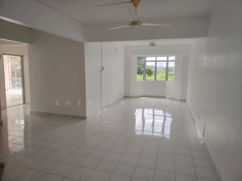 Living features: white painted walls, glossy tile flooring, 5-blade ceiling fan, large windows with garden view, natural light flooding in, open layout, no visible furniture, neutral color scheme; style: modern; view: garden.