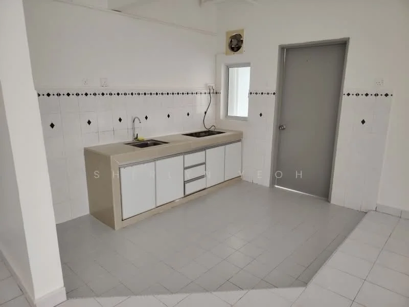 Kitchen features: single-bowl stainless-steel sink, double-bowl stainless-steel sink, chrome pull-down faucet, laminate countertop, white cabinetry with flat-panel doors, white tiled backsplash, grey tiled flooring, wall-mounted window, exposed plumbing, light fixture on ceiling; style: modern.
