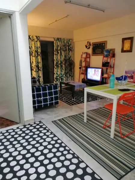 Living features: black and white polka dot area rug, striped area rug, blue fabric sofa with checkered pattern, wooden coffee table, TV console, wall-mounted TV, orange dining chairs, white dining table, curtains with floral pattern, recessed ceiling lights, open layout, decorative wall art, shelves with decorative items; style: modern.