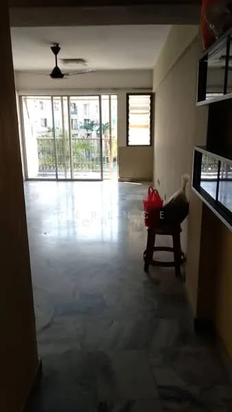 Living features: marble flooring, cream painted walls, ceiling fan, floor-to-ceiling sliding glass door, balcony access, natural light from windows, open layout, visible furniture (stool), decorative shelving unit; style: modern; view: garden.