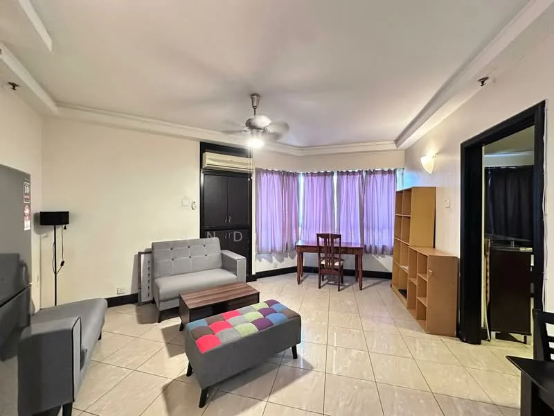 Living features: grey fabric 3-seater sofa, black armchair, coffee table with wooden top, multicolored ottoman, dining table with wooden finish, 4 wooden dining chairs, floor-to-ceiling windows with sheer curtains, tile flooring, ceiling fan with light, wall-mounted air conditioning unit, built-in shelving unit, black door frames; style: modern.