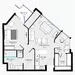 Floor plan: 2-bedroom 2-bathroom unit; features: open-plan kitchen-dining-living, master bedroom with ensuite bathroom, bedroom 2 with shared bathroom, balcony off living room, utility room, laundry area, central foyer.