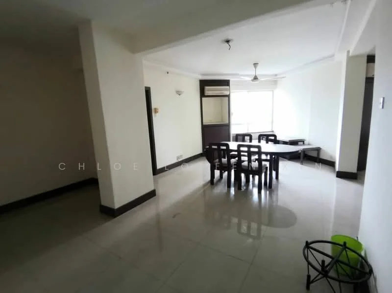 Room features: white painted walls, glossy ceramic tile flooring, ceiling with recessed lighting, large window providing natural light, air conditioning unit, dining table with multiple chairs, black accent wall, green accent chair; style: modern; view: city.