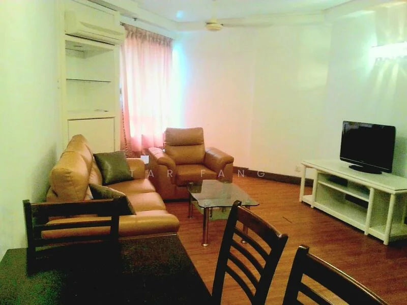 Living features: brown leather sofa, 2-seater sofa, glass coffee table, white TV console, wall-mounted TV, wooden flooring, ceiling fan, curtains, recessed lighting; style: modern.