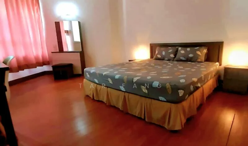 Bedroom features: king-size bed with patterned bedding, wooden bed frame, two bedside lamps, wooden bedside tables, mirror on dresser, pink curtains, wooden flooring, decorative wall light.