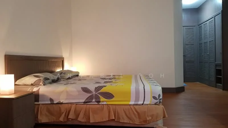 Bedroom features: queen-size bed with floral bedding, wooden bed frame, nightstand with lamp, laminate flooring, built-in wardrobe with sliding doors, neutral painted walls, recessed ceiling lights, decorative wall art; style: modern.