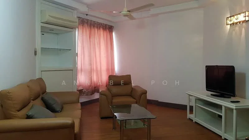 Living features: 3-seater leather sofa in brown, single armchair in brown, glass coffee table, wall-mounted TV, white TV console, wooden flooring, ceiling fan, curtains in light pink, air conditioning unit, built-in shelving unit; style: modern.